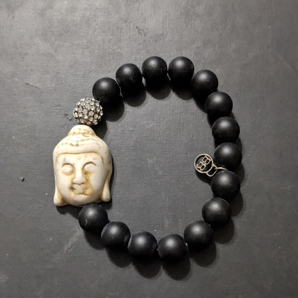 Black Beaded Cream Buddha Head Rhinestone Stretch Elastic Statement Bracelet